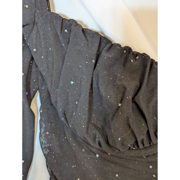 Black Glitter Mesh Long-Sleeve Underwire Ruched Mini Dress Size M NWT - Picture 4 of 9